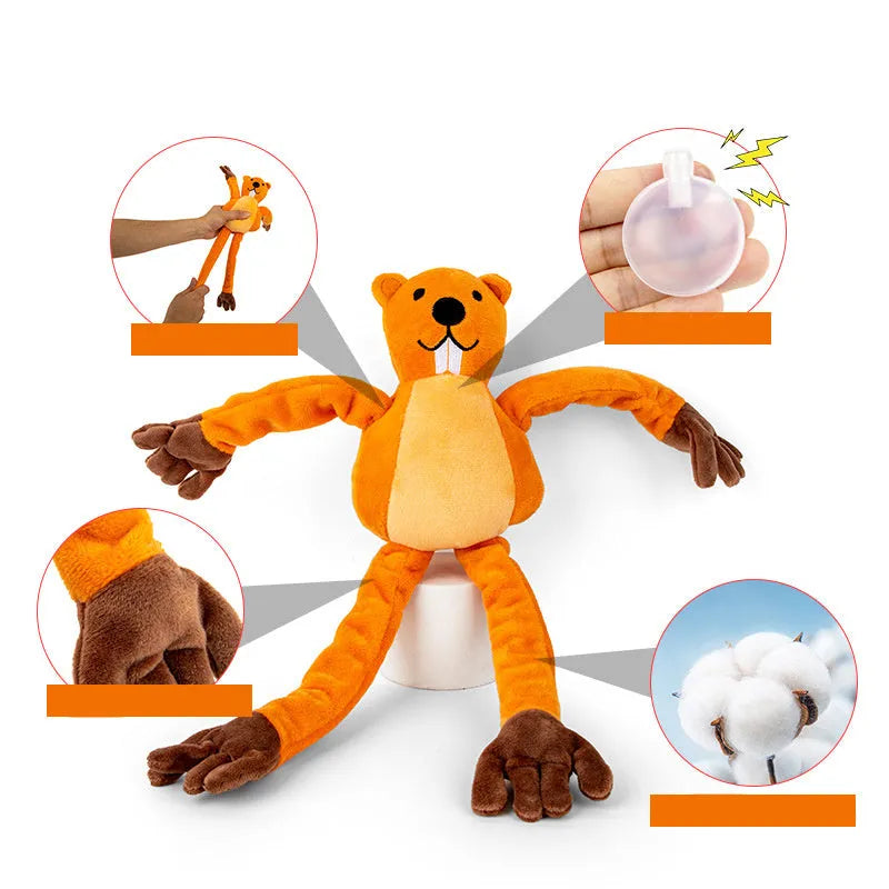 Orange soft plush dog toy with noise-maker for tug-of-war and chewing play