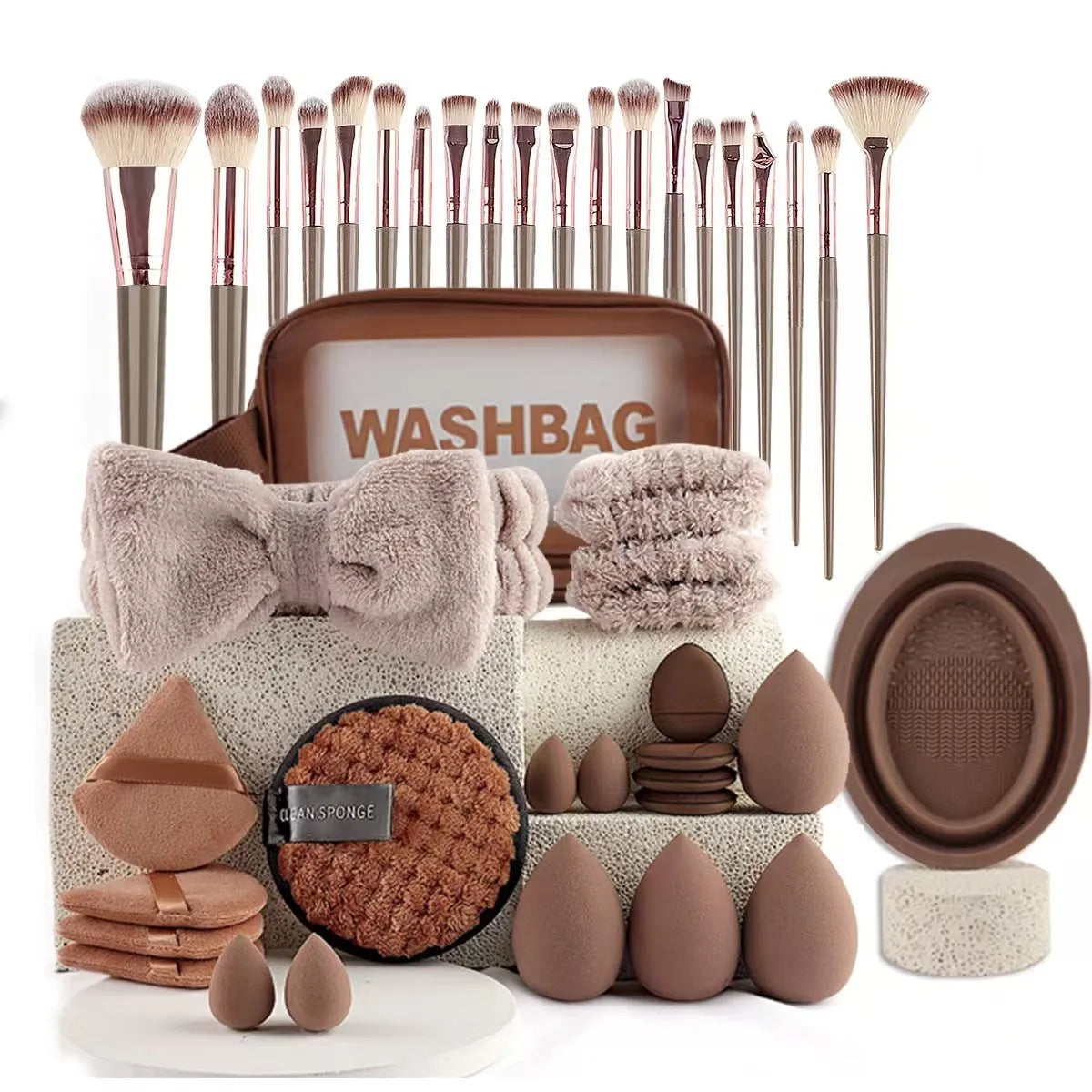 40-piece beauty tools set with hydrophilic non-latex face wash and makeup tools in brown, pink and purple colour options