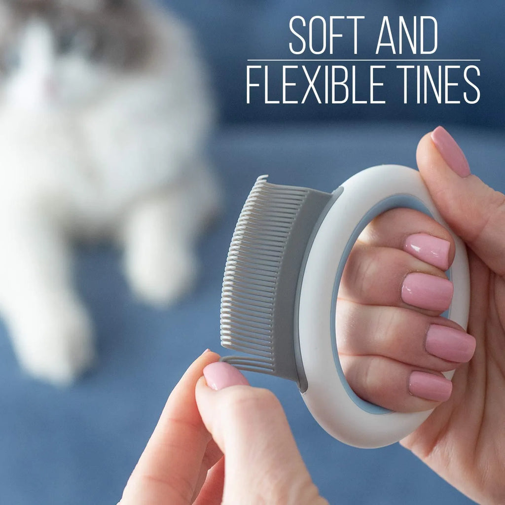 Blue plastic pet grooming comb with ergonomic handle for deshedding cats and dogs