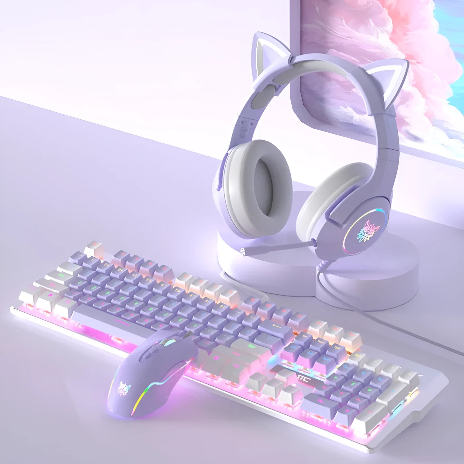 Purple mechanical keyboard and mouse wired set with white accents and mixed backlighting