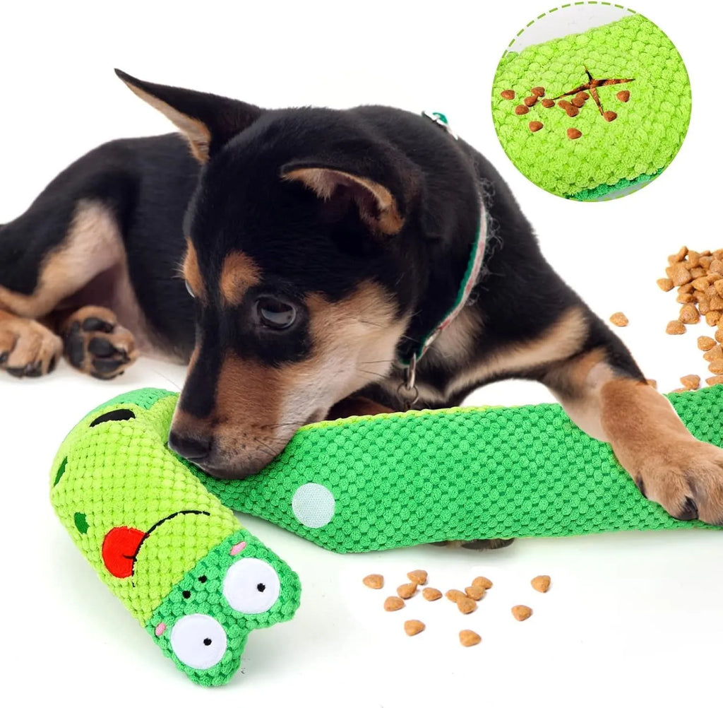 Velvet dog puzzle toy with squeaker in transformable snail and stick shapes for foraging training