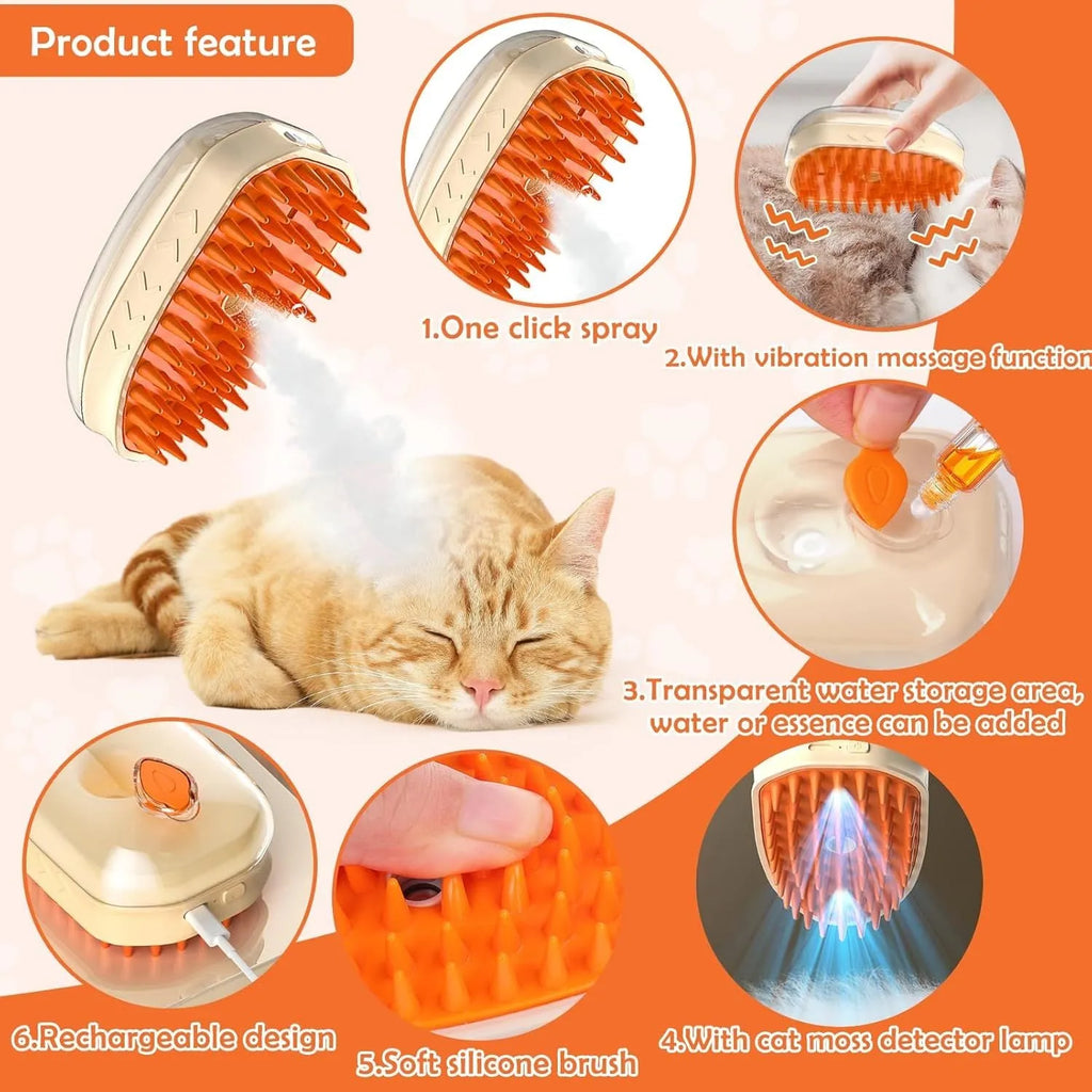 Yellow 4-in-1 cat steam brush with silicone teeth and ringworm detector for pet grooming