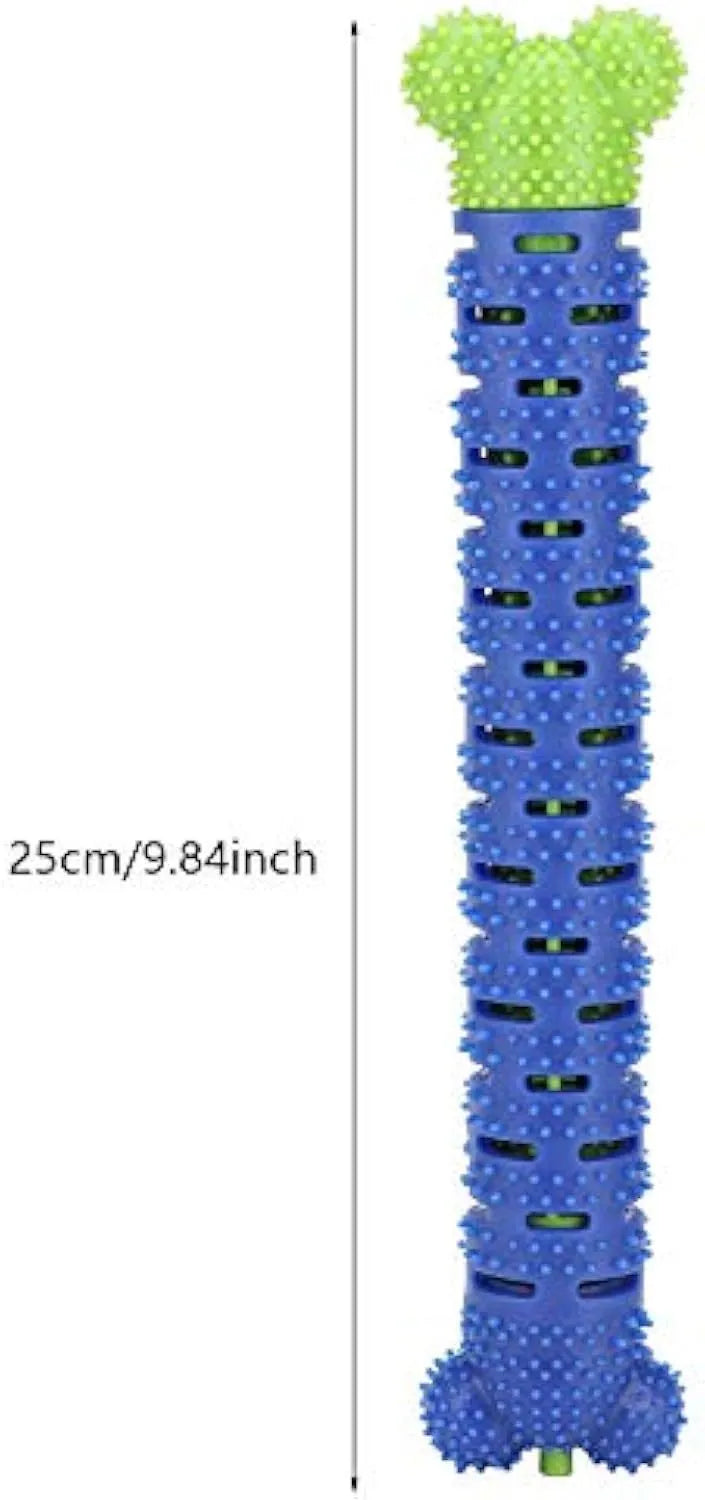 Blue and green silicone dog dental cleaning stick with textured bristles and nodules, 25 cm length