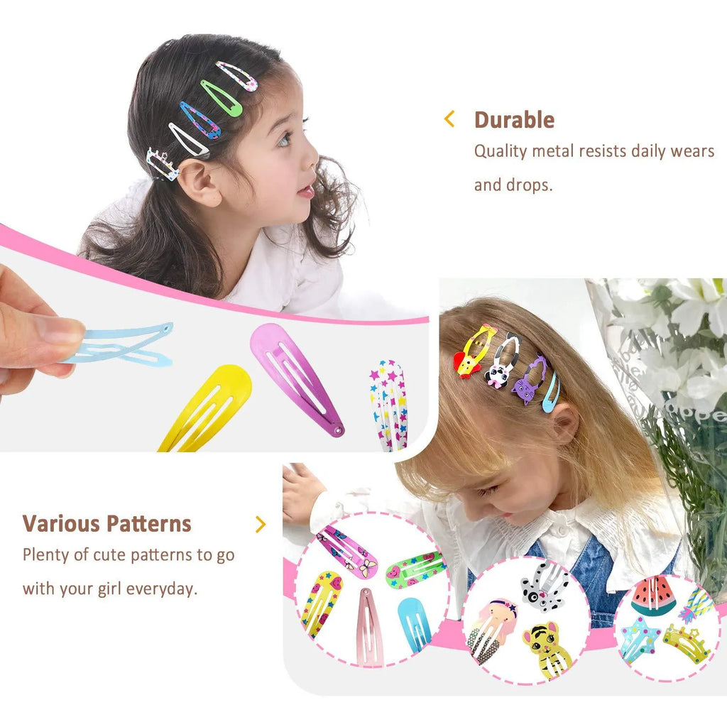 Assortment of 100 metal snap hair clips in animal, fruit, crown, star and flower designs