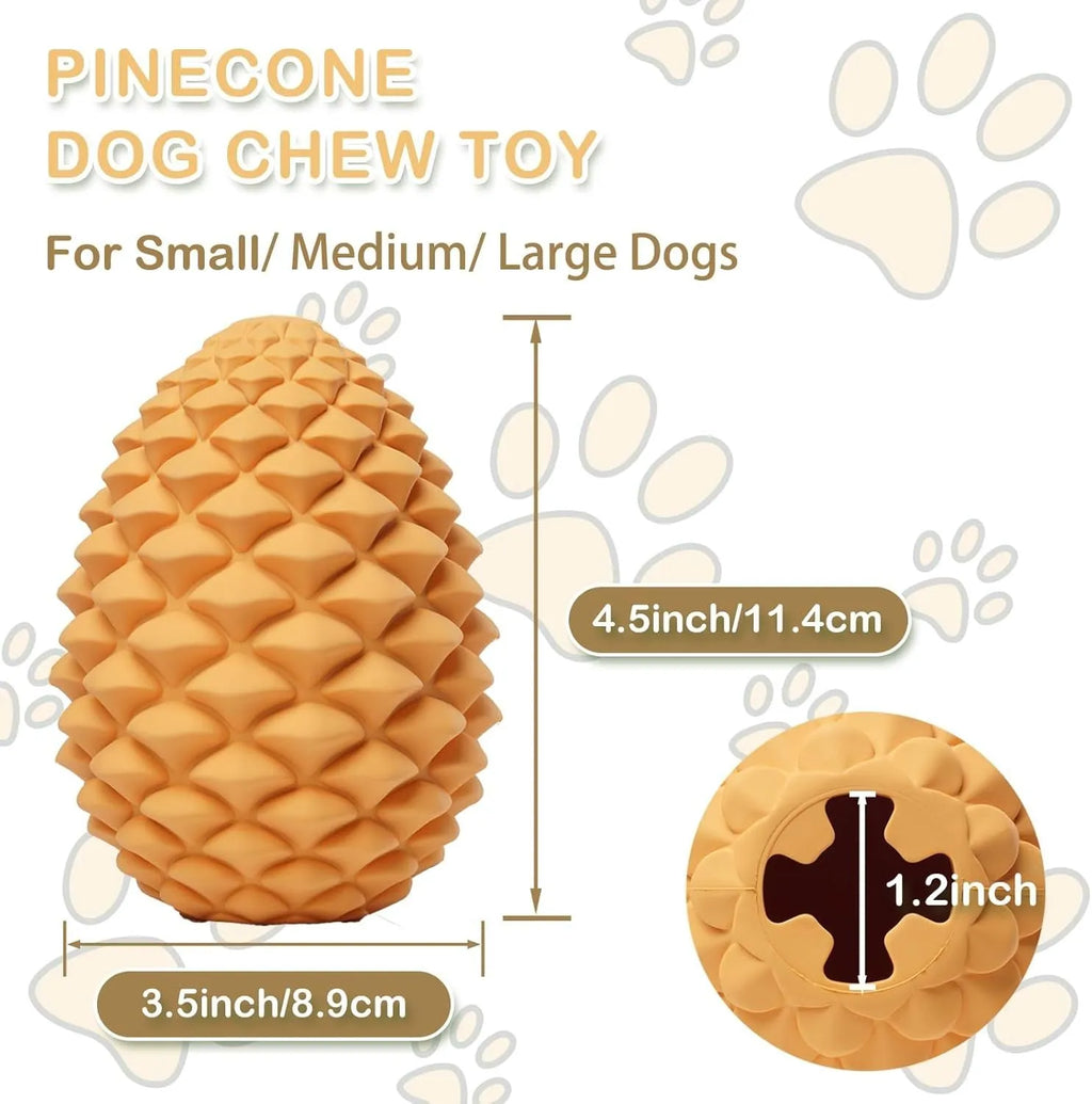Yellow pine cone shaped dog chew toy with natural rubber construction and treat dispensing feature