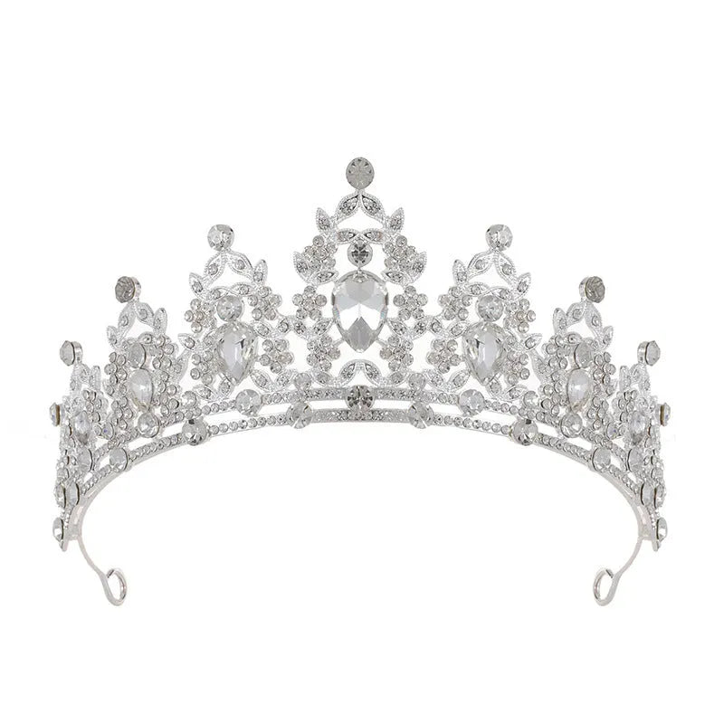 Baroque-style alloy crown bridal headdress with rhinestone details in a silver and white diamond finish.