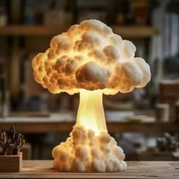 Modern art mushroom cloud shaped table lamp with USB power connection on wooden surface