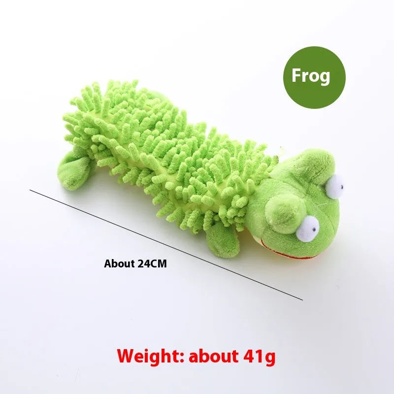 Plush microfibre dog toy with horse molar texture in various animal designs including brown dog and yellow duck