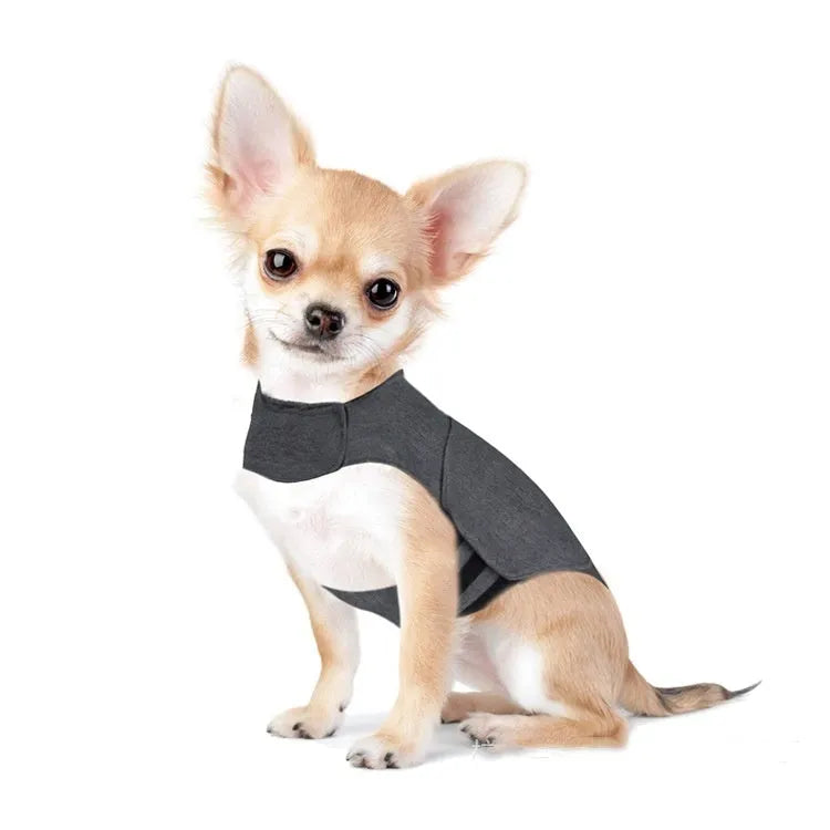 Heather grey dog anxiety jacket and warm vest made from brocade cotton ponte-de-roma fabric.