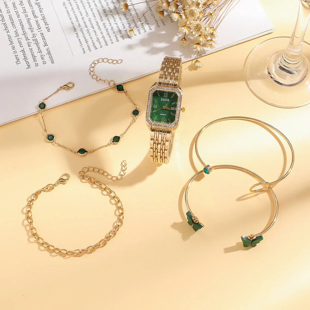 Gold green square watch with four matching bracelets, 25mm dial, jewellery buckle