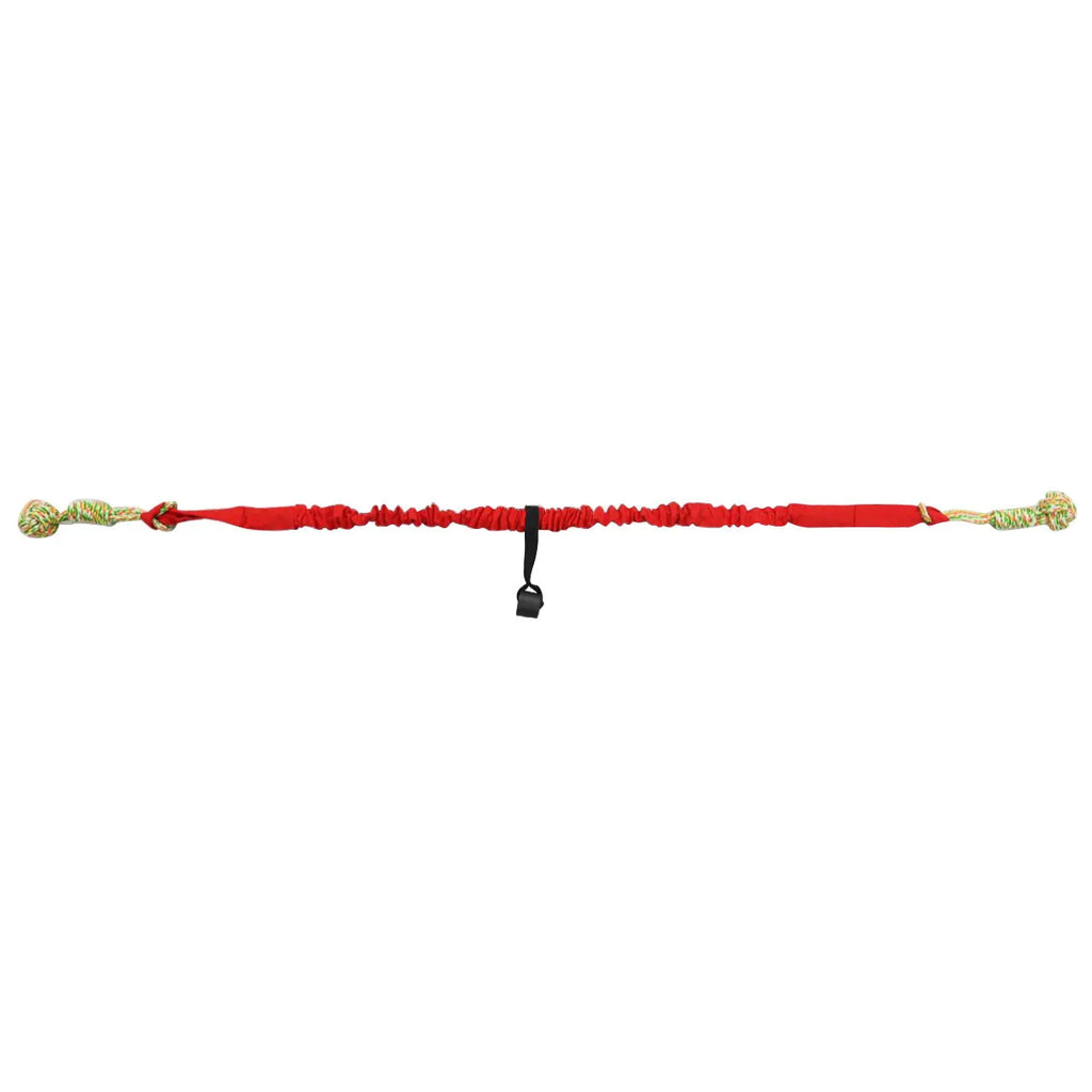 A black, grey, and red cotton rope dog tug toy for chewing and interactive play.