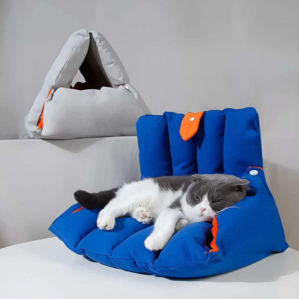 Blue triangular cat bed with drilled connection holes and removable cotton cover