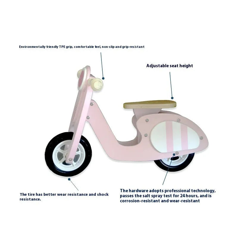 Pink wooden toddler balance scooter on a 10-inch wooden frame for children aged 1-6.