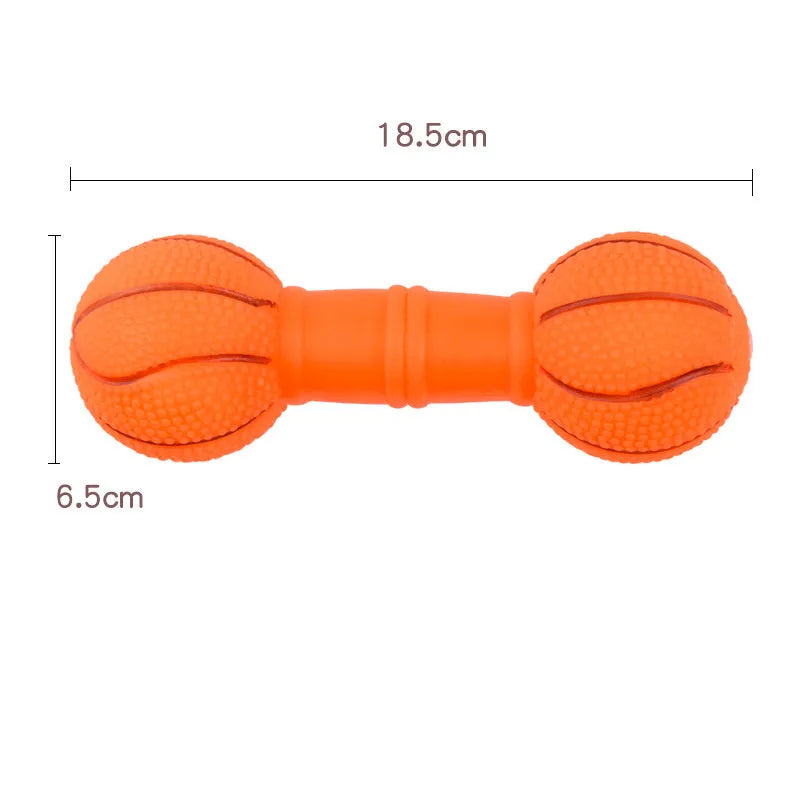 Brown, orange, white, and yellow PVC football dumbbell shaped squeaky dog chew toy.