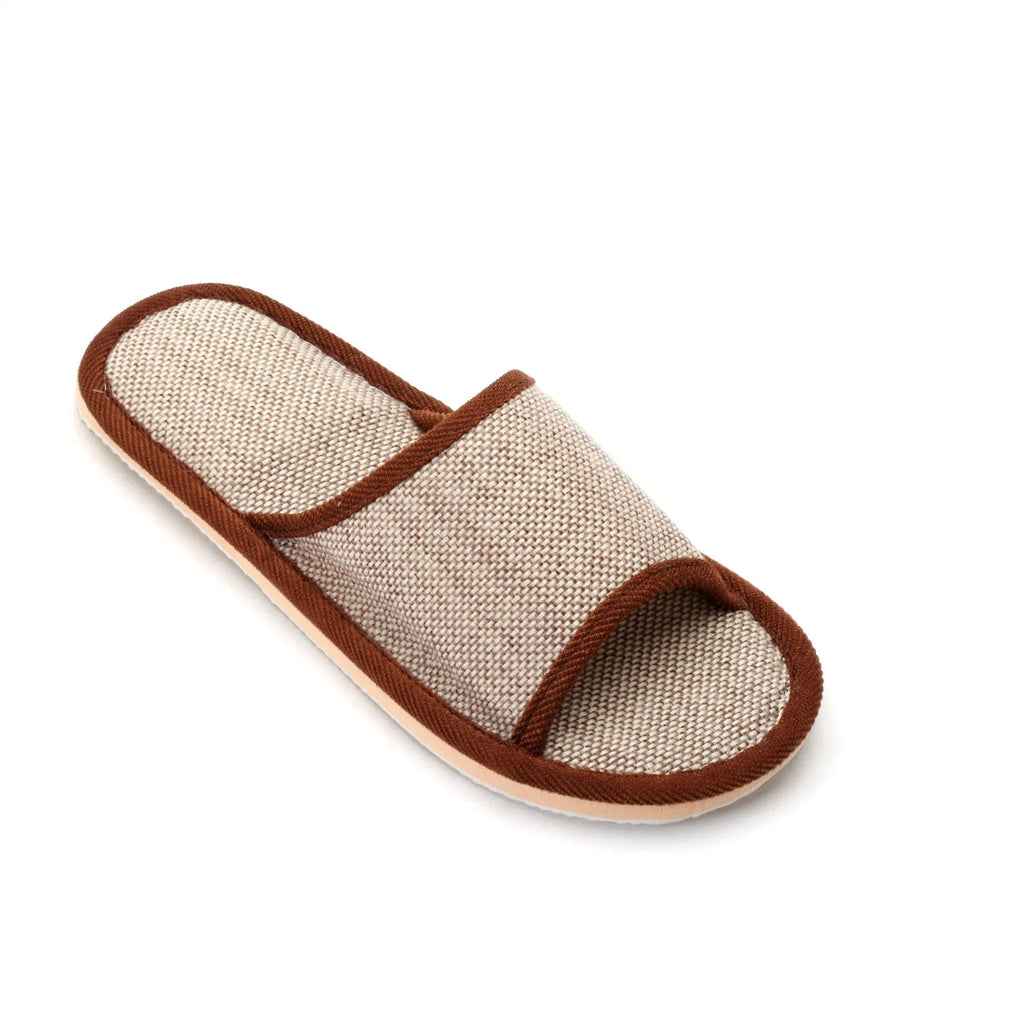 Women's open-toe linen slipper in a light brown colour, showing the breathable design and thickening sole.