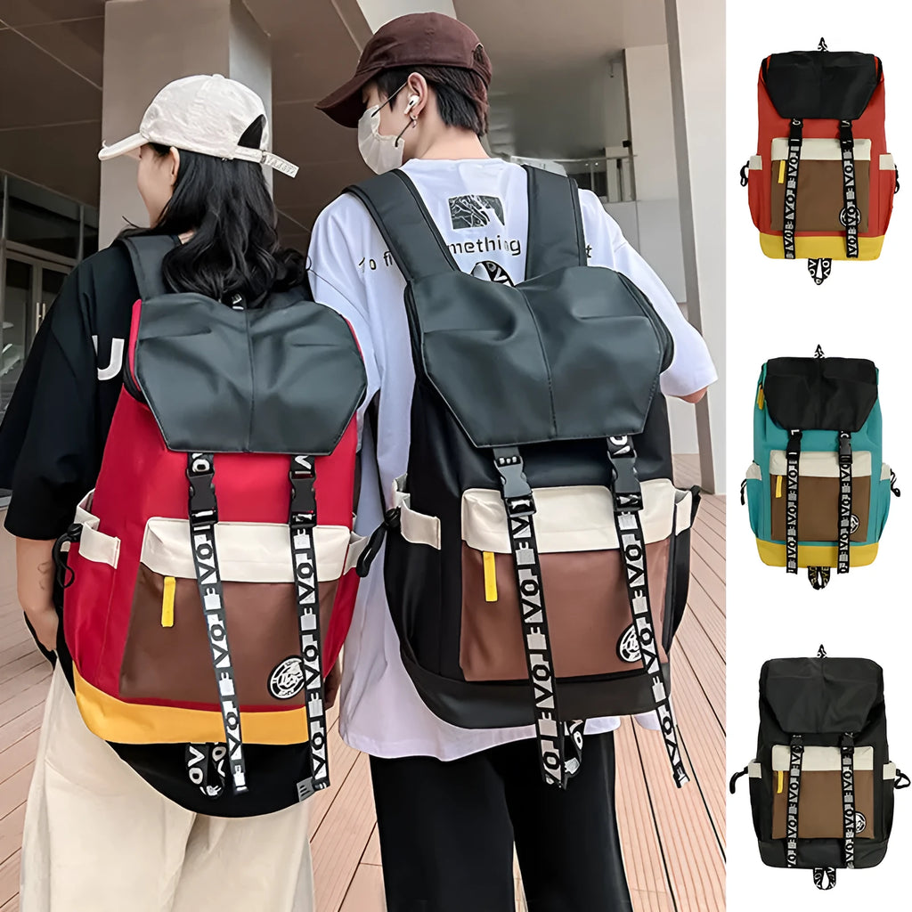 Oxford cloth backpack in black, green, or red with shoulder straps and 32cm by 46cm dimensions