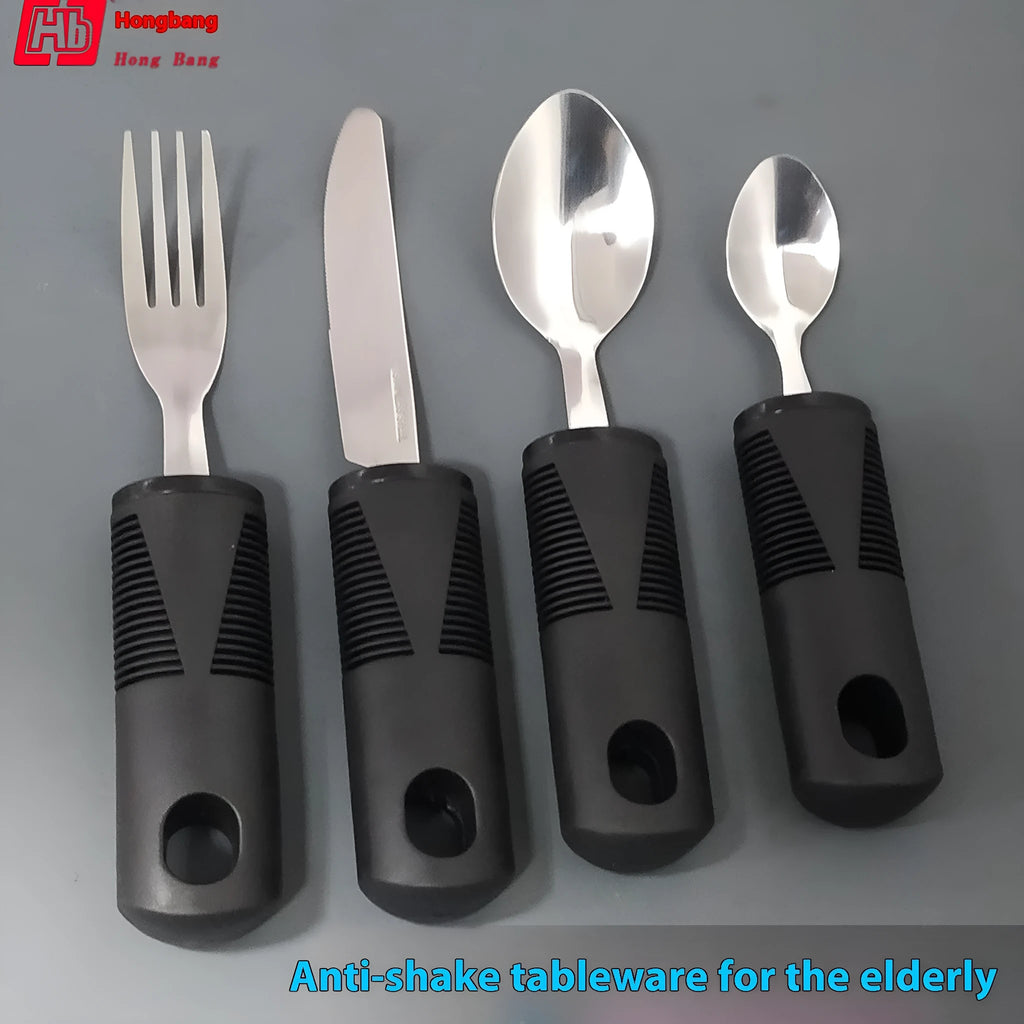 Stainless steel adaptive cutlery set with rubber handles for elderly anti-shake assistance