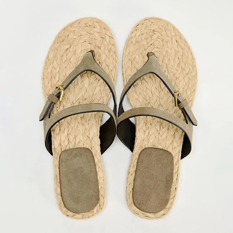 Women's woven flip-flops with microfiber leather upper and rubber sole in Light Green