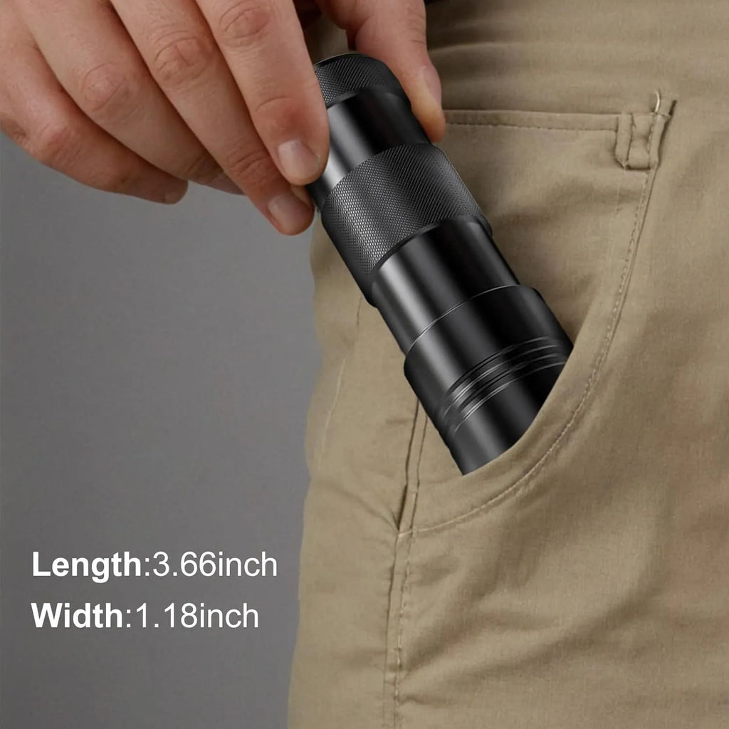 Black aluminium alloy handheld UV flashlight with tail switch, 9.8cm long, for detecting stains and insects.