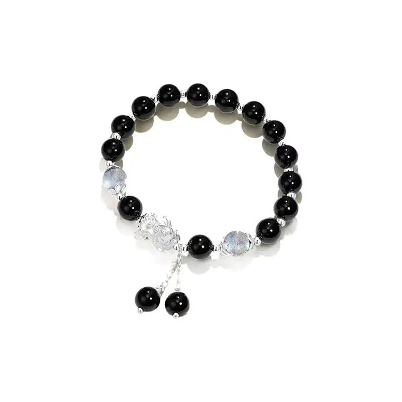 Natural black agate and grey opal couple bracelet with 10mm wave design and money painting elements