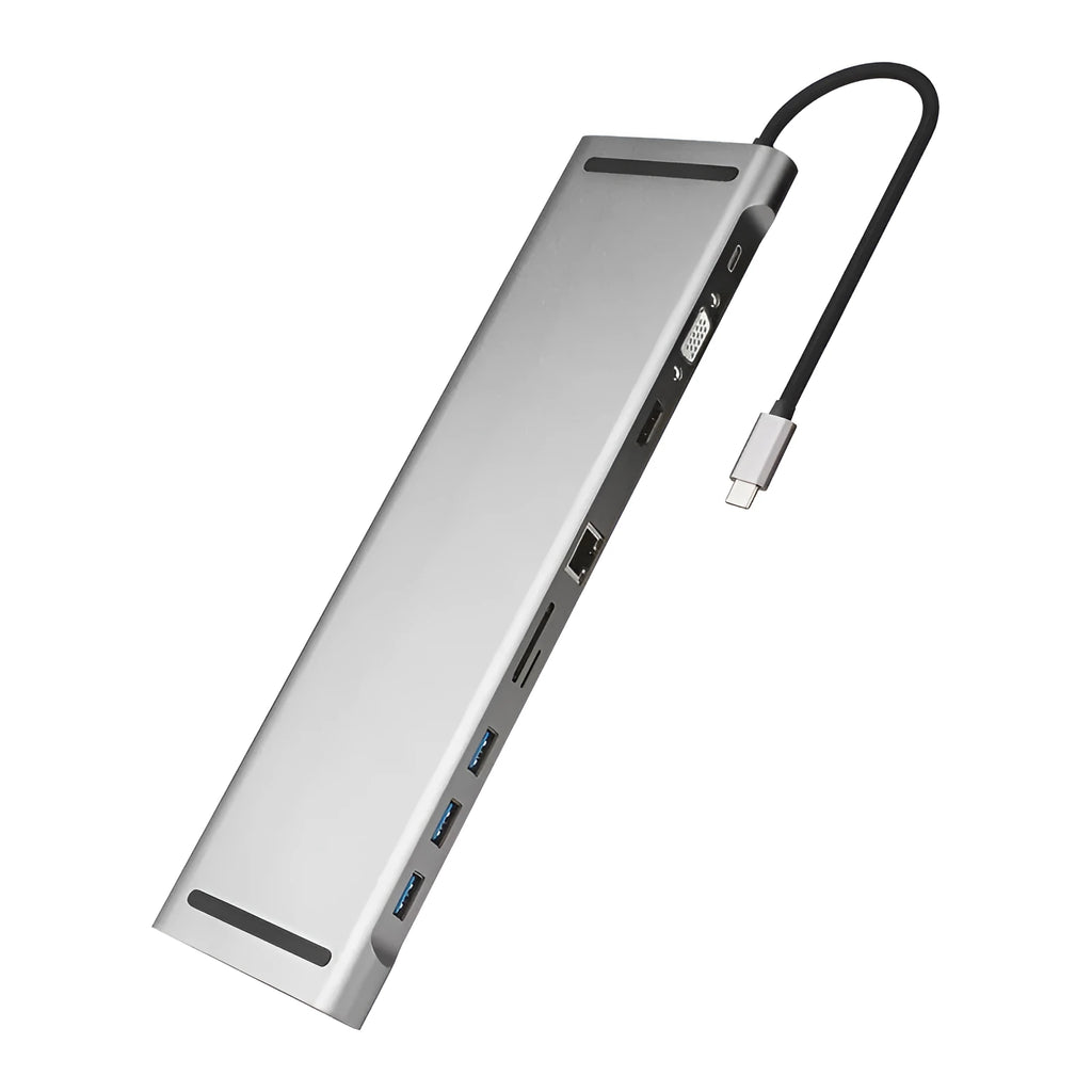 Grey aluminium USB-C docking station with cooling bracket showing ten connectivity ports