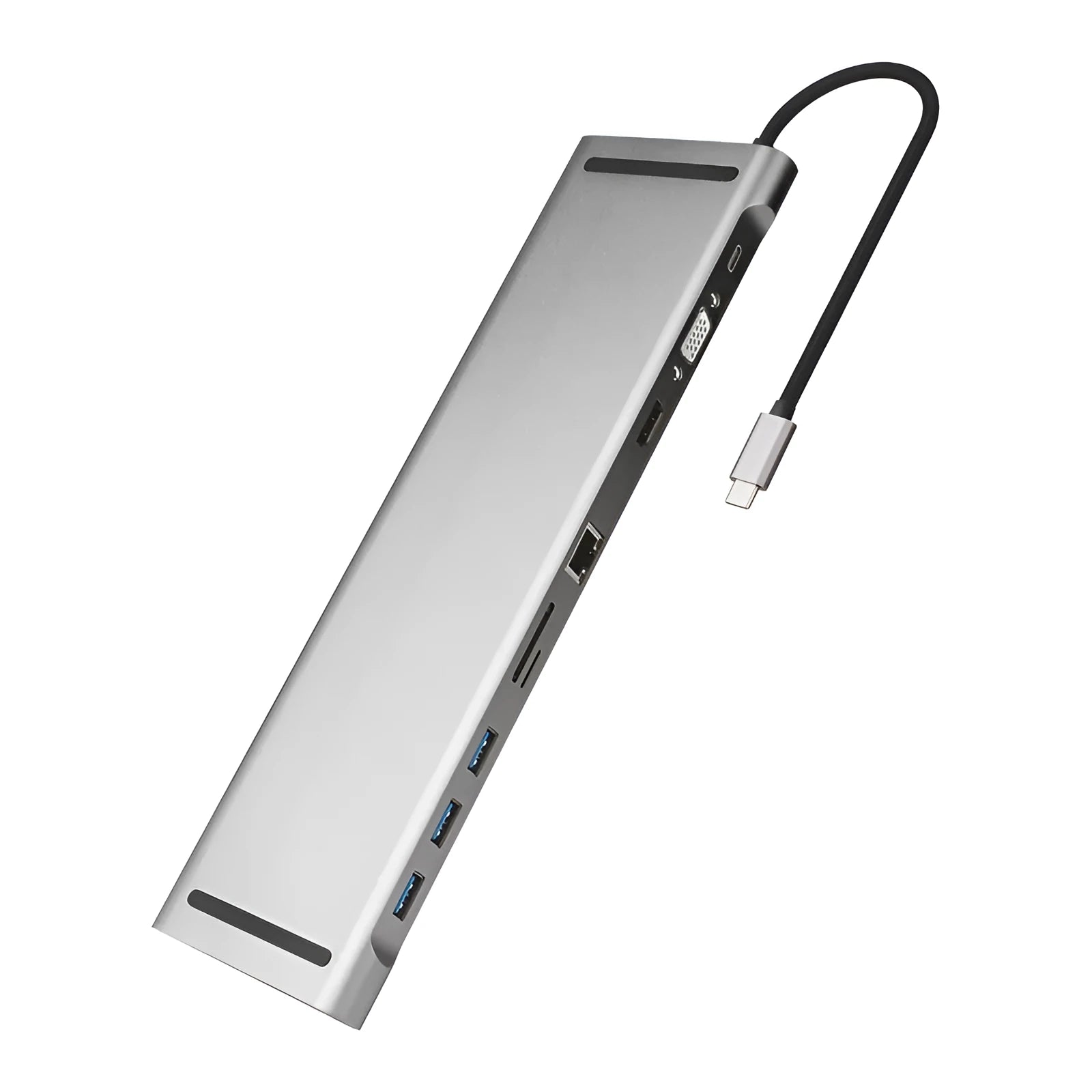 Grey aluminium USB-C docking station with cooling bracket showing ten connectivity ports