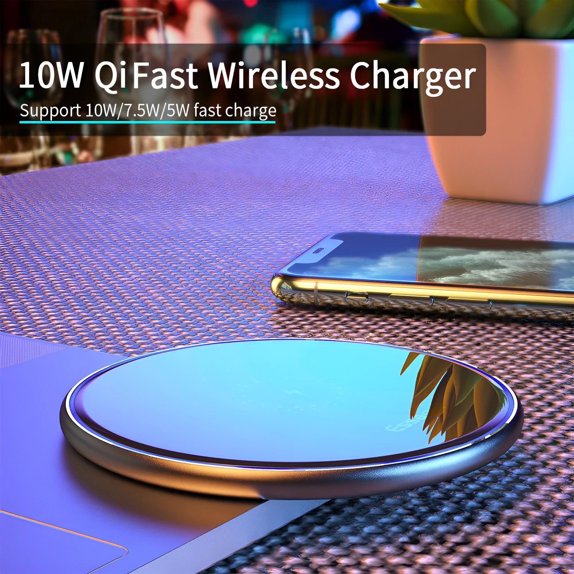 Black or white 15W Qi fast wireless charging pad with LED indicator light on anti-slip aluminium base.