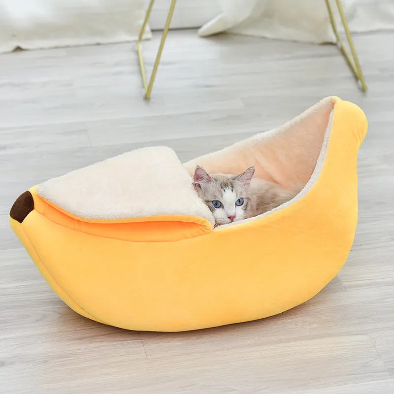 Removable washable round long hair cat's nest banana dog bed in green, size L