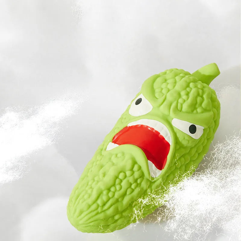 Natural rubber bitter melon and chilli shaped dog chew toys with textured grinding teeth surfaces for dental cleaning