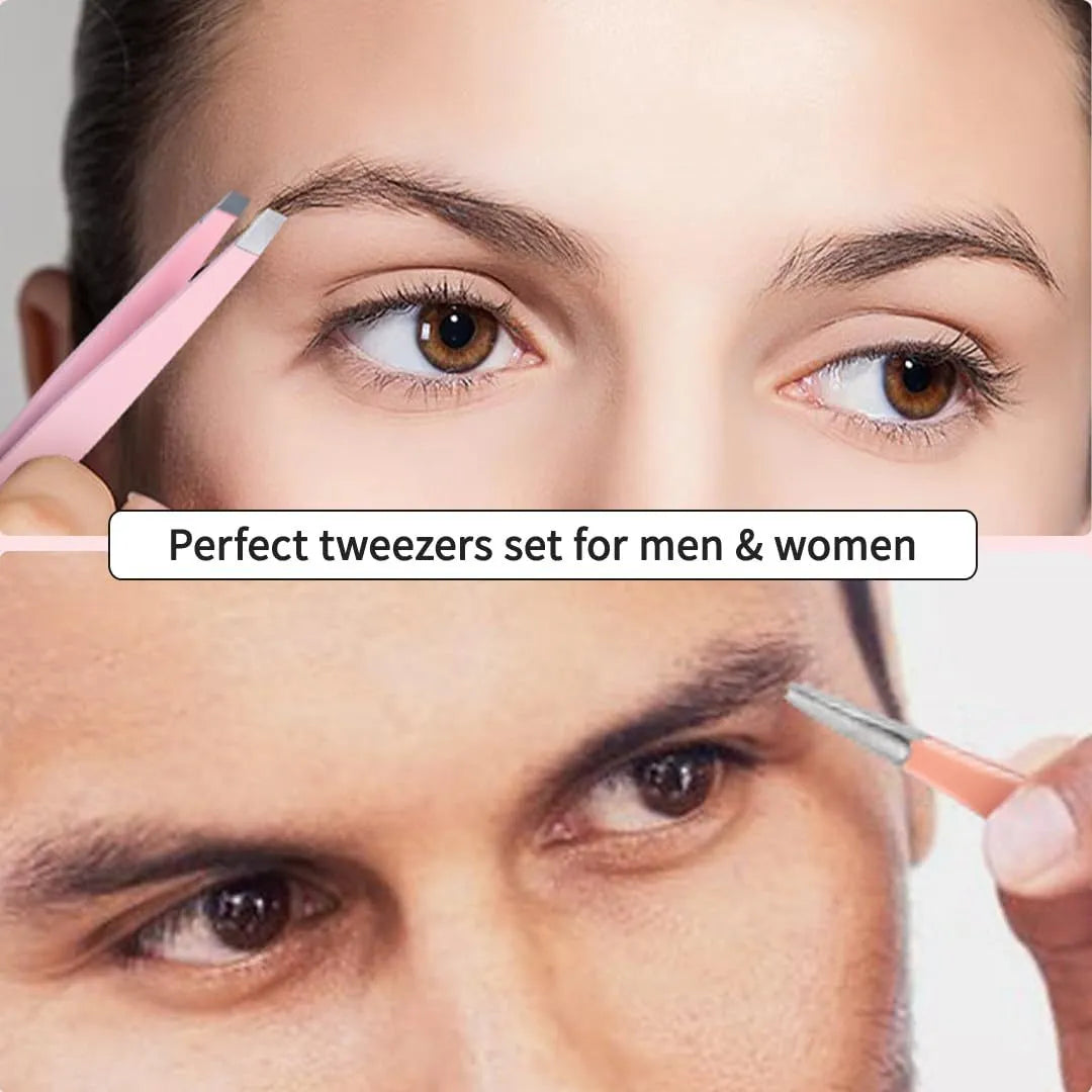 Professional stainless steel eyebrow tweezer set with curved scissors in a leather case