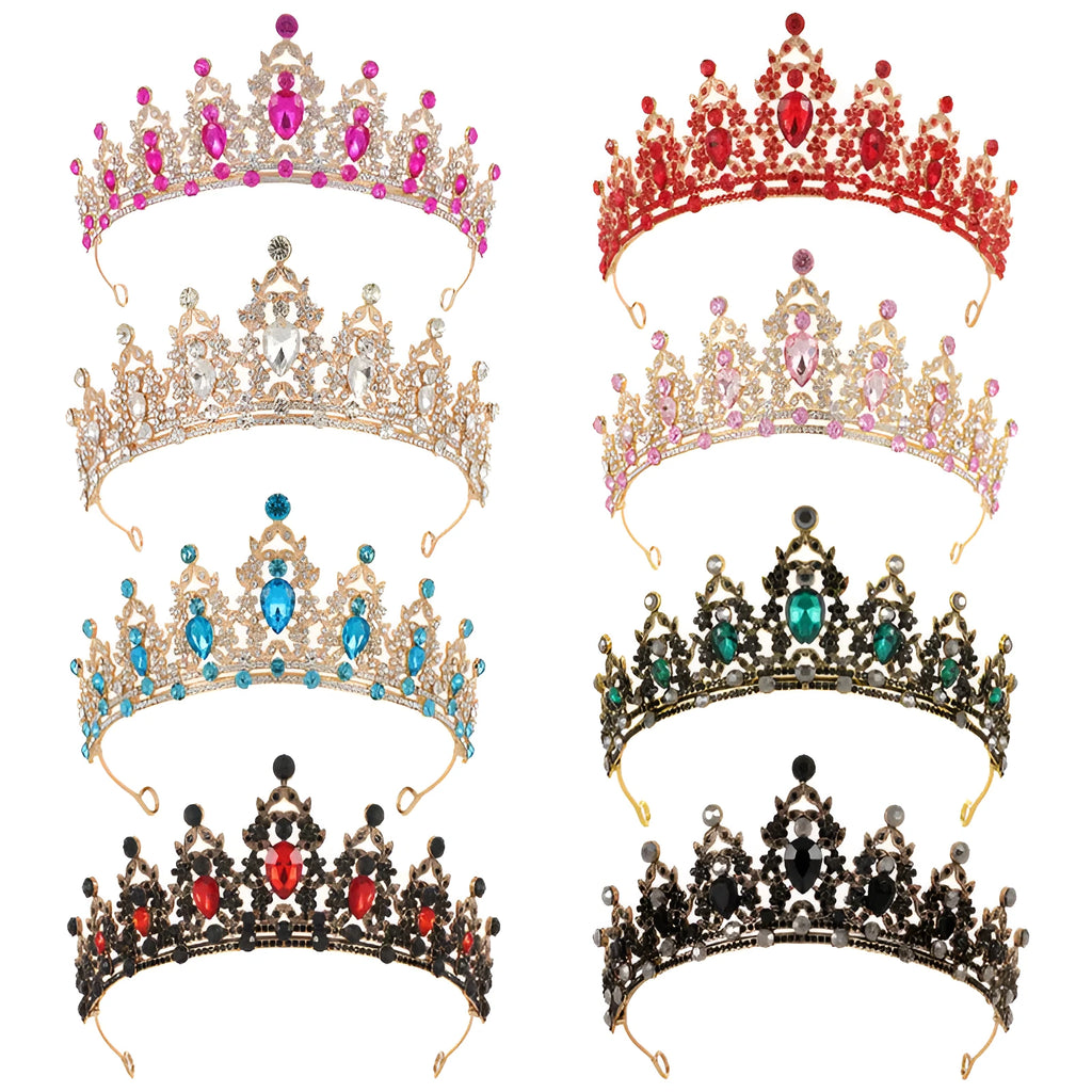 Baroque-style alloy crown bridal headdress with rhinestone details in a silver and white diamond finish.