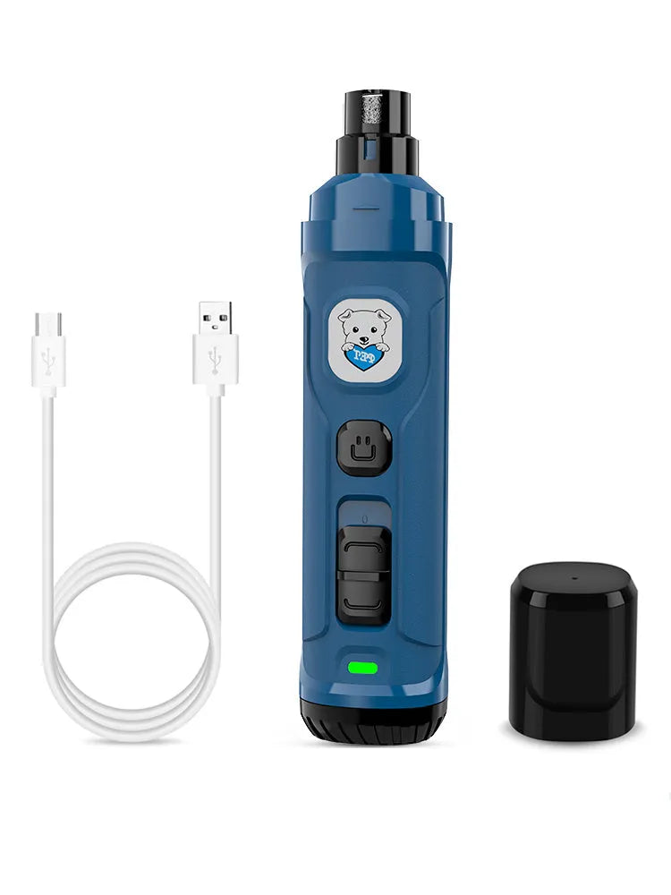 Blue pet electric nail sharpener with USB charging cable on white background