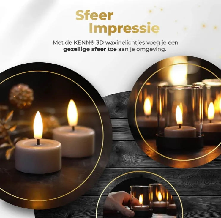 Four taupe coloured S10 3D flame LED tealight candles showing realistic flickering effect.