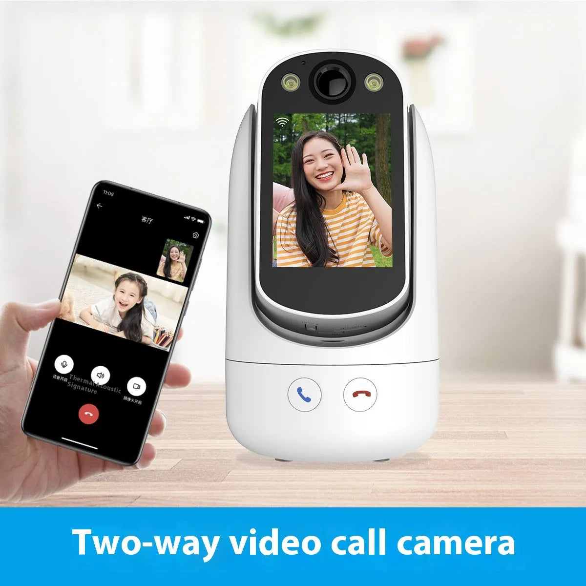 C20 white two-way video call surveillance camera with 2.8-inch screen on a stand