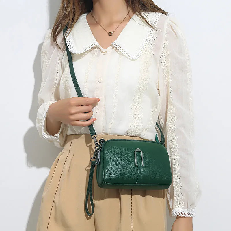 Women's genuine leather shoulder bag in horizontal square shape, 19cm length, available in five colours