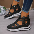 Women's black close-toed hollow-out platform sandals with Velcro strap and rubber sole