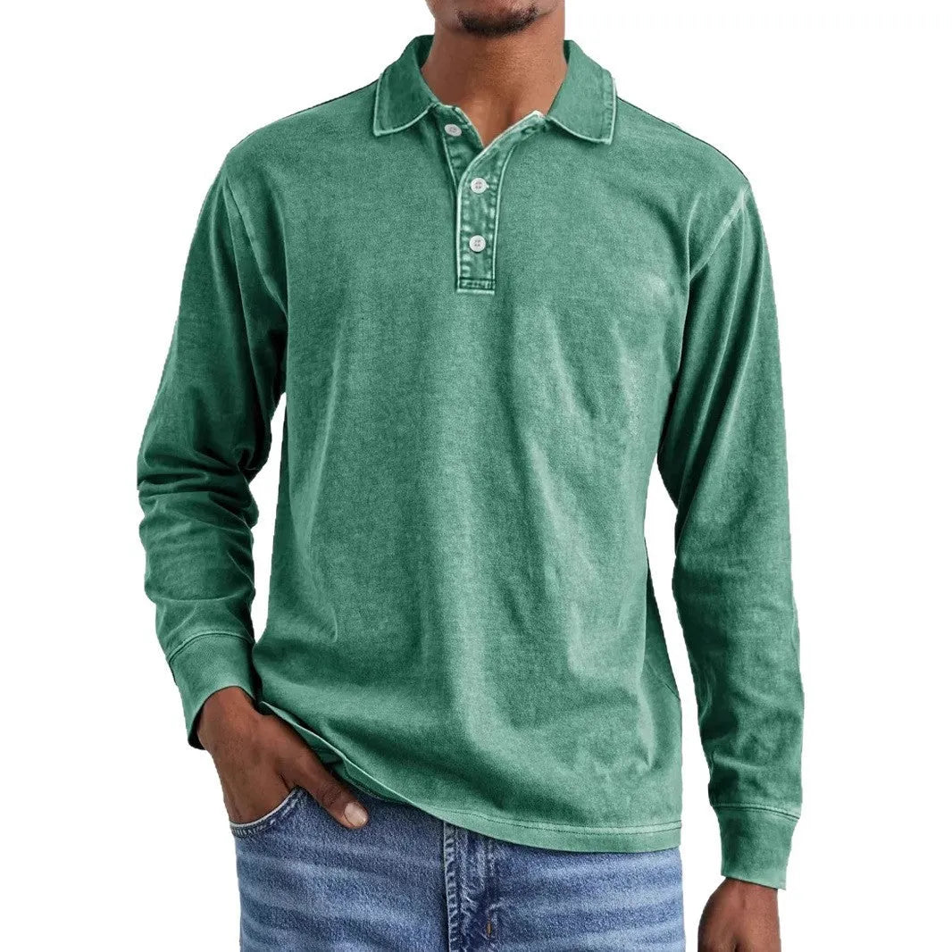 Retro washed distressed pure cotton lapel long sleeve polo shirt in Army Green.