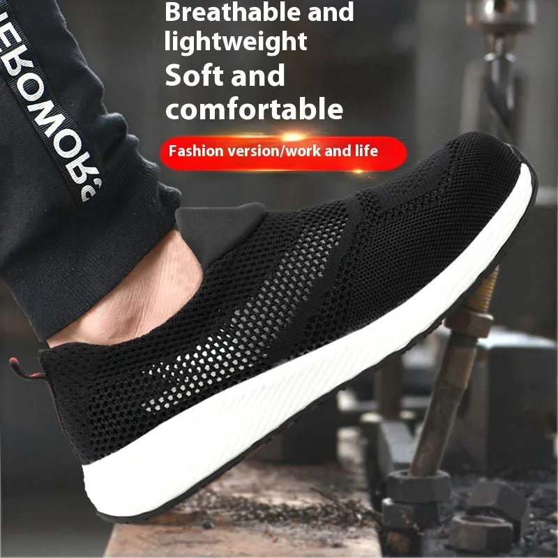 Men's lightweight steel toe work shoes in black, blue and red colours with mesh upper and low-top design