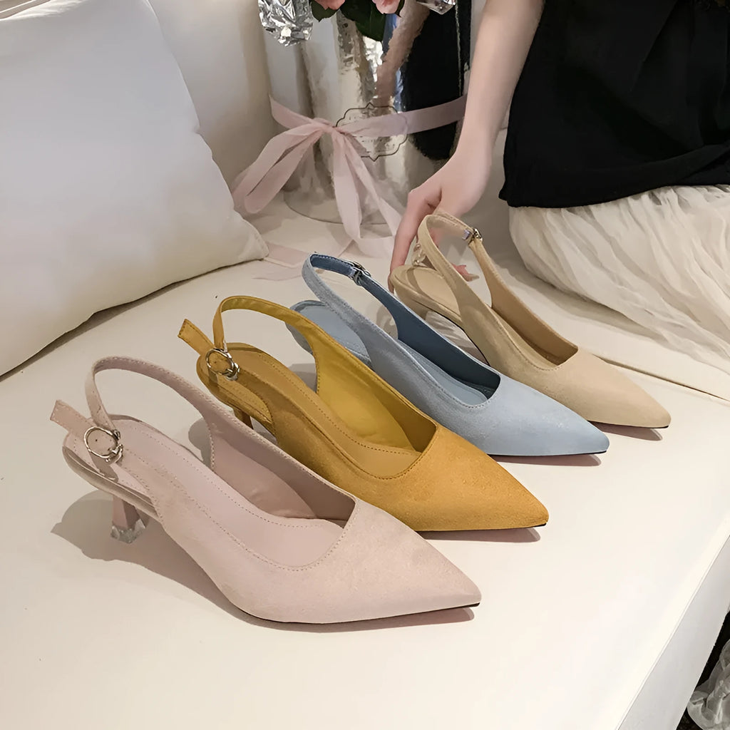 Women's apricot suede pointed toe stiletto high heels on a white background