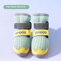 Pair of blue and green cartoon style dog shoes made from PU material on a white background.