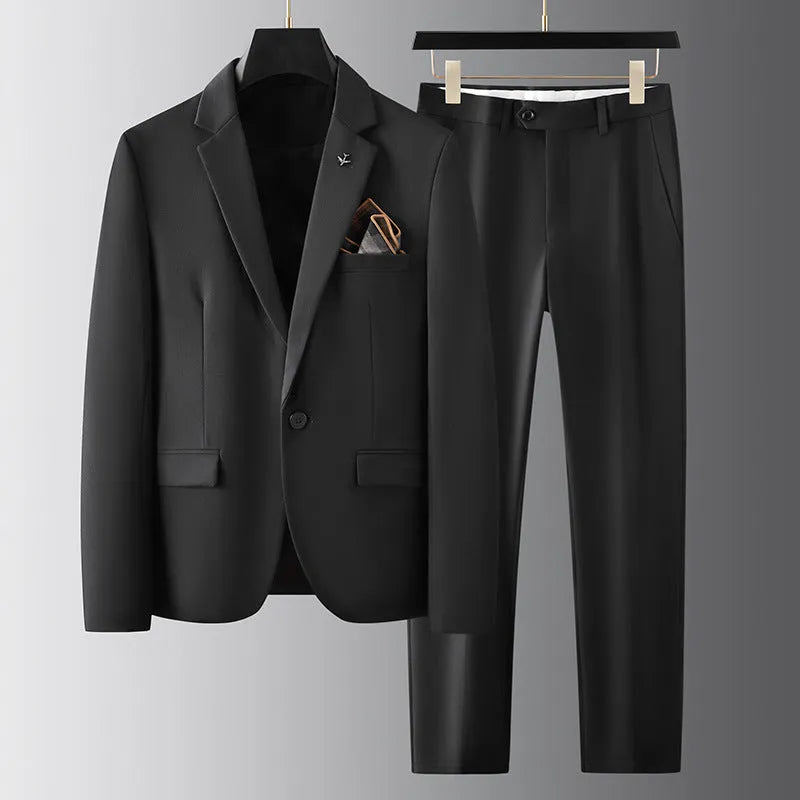Men's slim fit three-piece suit set in dark gray viscose polyester, showing jacket, waistcoat and trousers
