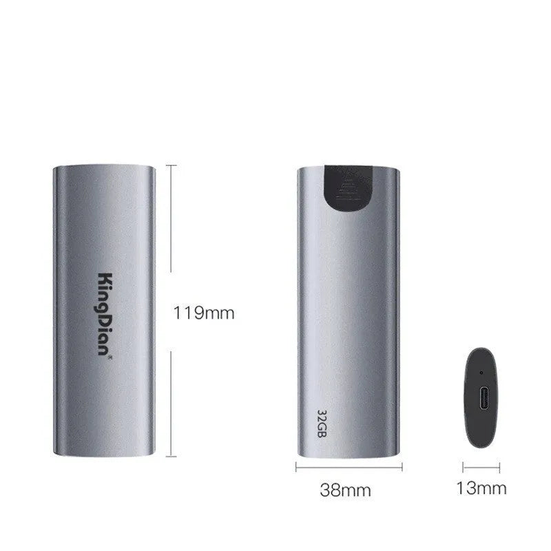 Gray USB3.0 mobile external SSD hard drive for direct phone connection.