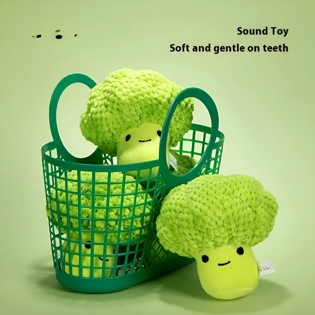 Broccoli-shaped plush dog toy with squeaker for molar teeth cleaning, soft plastic and fabric construction