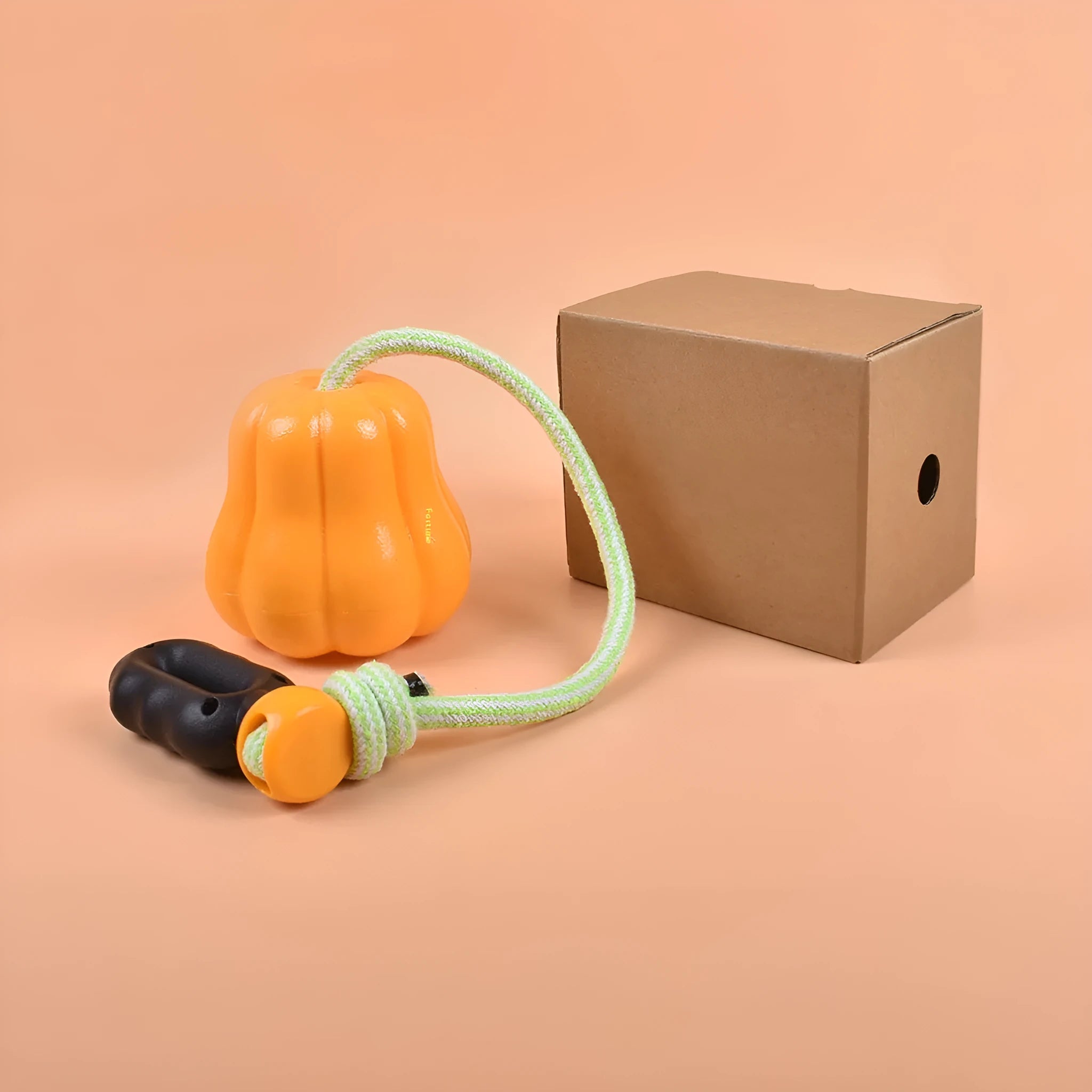 Orange plastic dog fetch toy with rope attachment for outdoor play