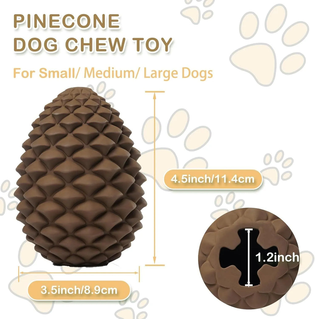 Yellow pine cone shaped dog chew toy with natural rubber construction and treat dispensing feature