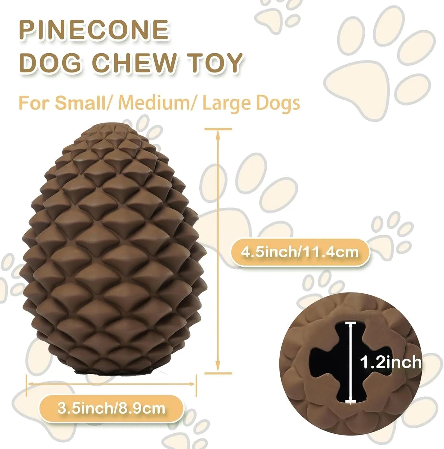 Yellow pine cone shaped dog chew toy with natural rubber construction and treat dispensing feature