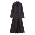 Women's shirt-style dress with striped pattern, pleated asymmetrical short skirt, and matching belt on a model