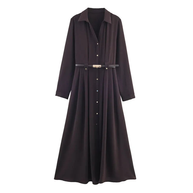 Women's shirt-style dress with striped pattern, pleated asymmetrical short skirt, and matching belt on a model