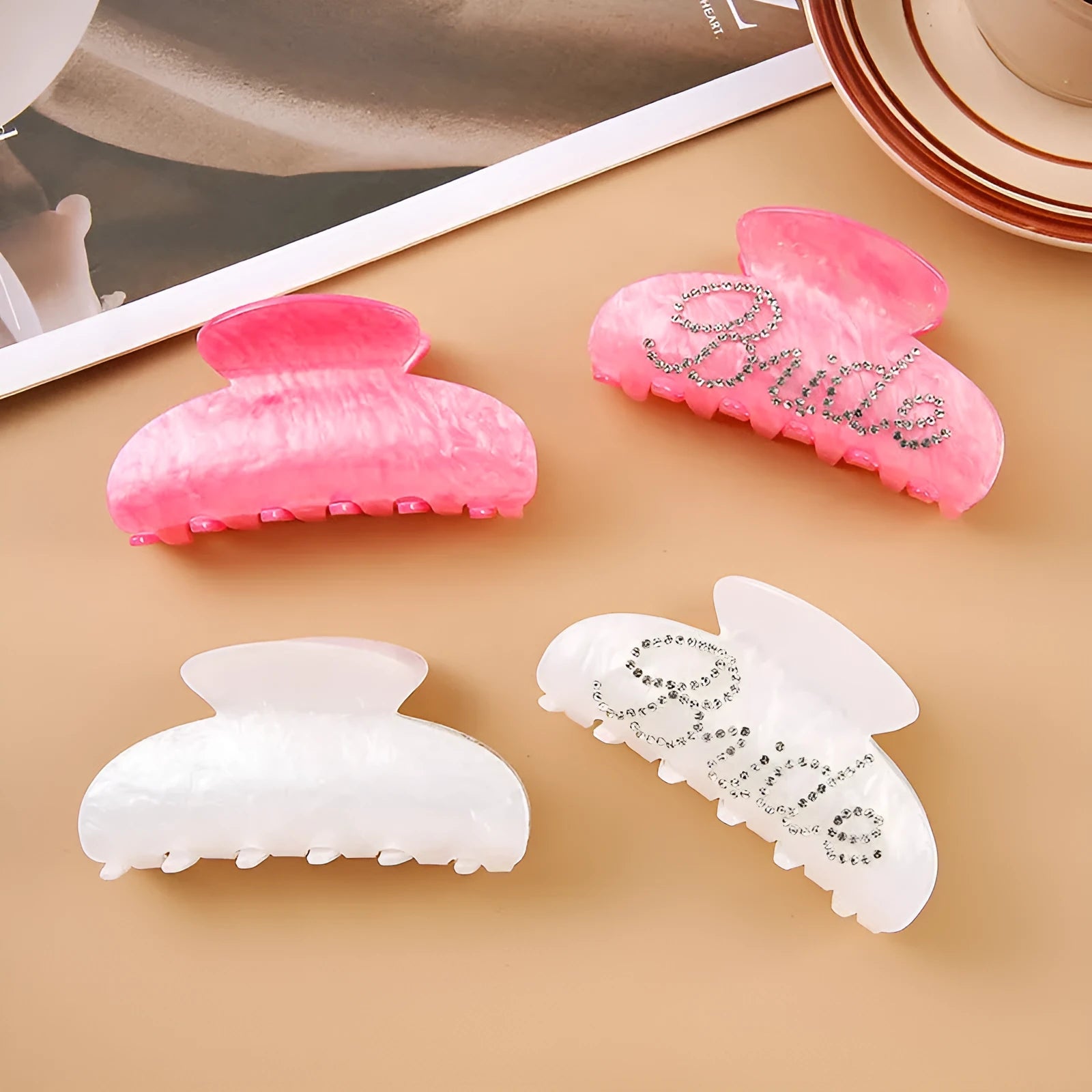 10cm pink acrylic barrette hair clip with multi-diamond shower shark design and English letters