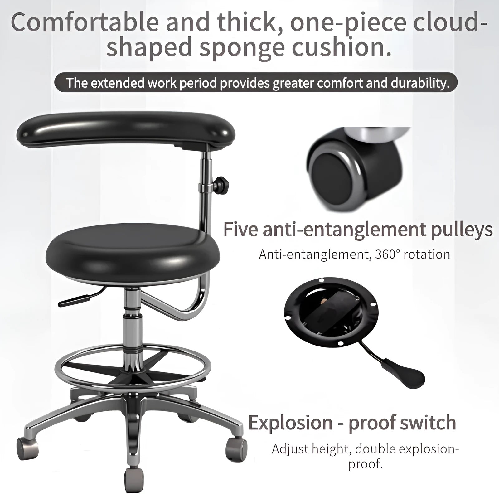 Black leather dental hospital chair used as a patient lift and dentist seat.